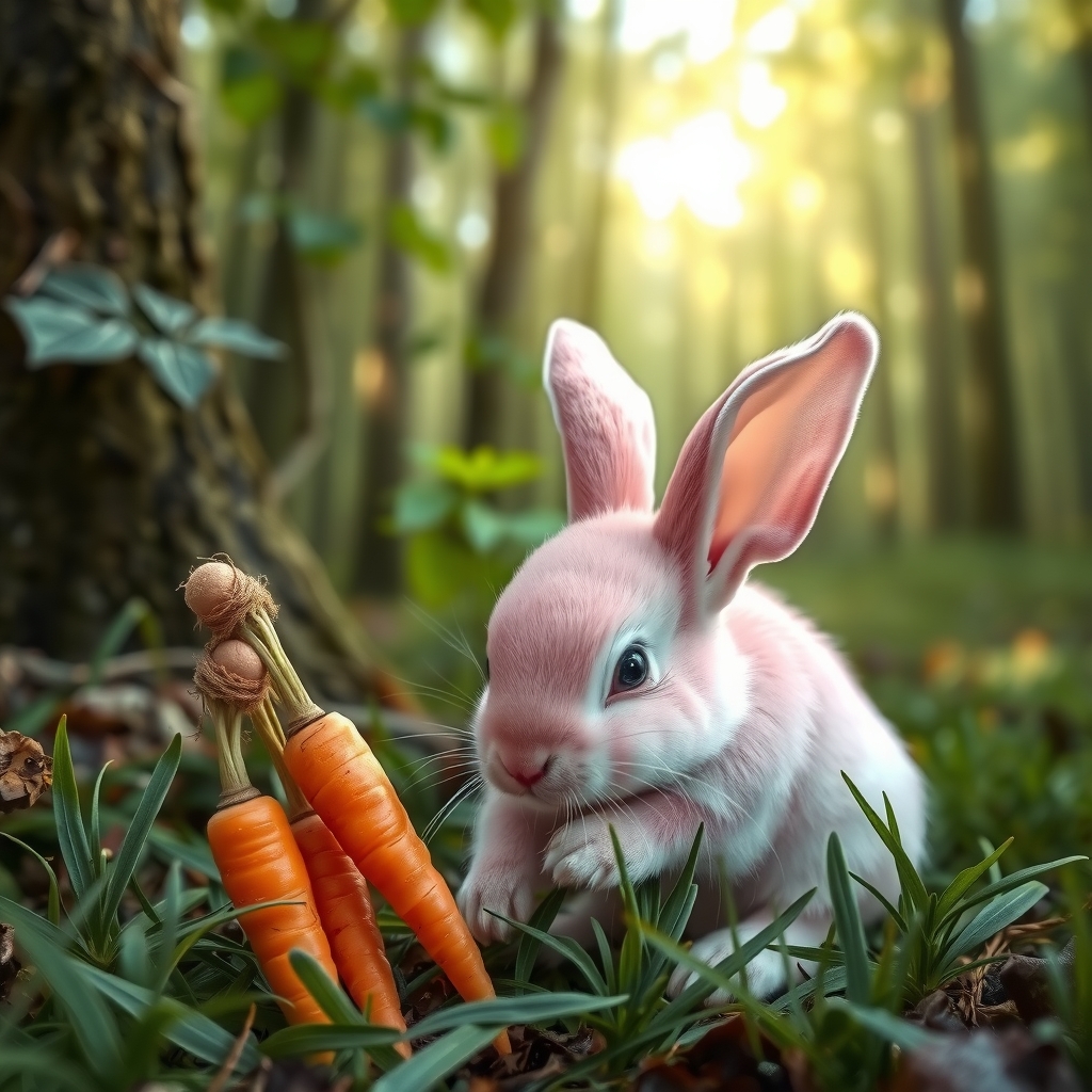 a pink rabbit finds delicious carrots in the forest by Générateur d'images par IA gratuit - Aucune connexion nécessaire✨ | AIGAZOU