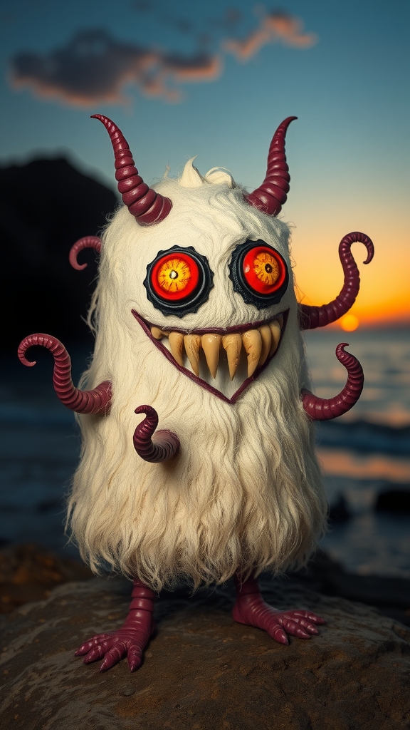 a furry cream cake with fangs slimy tentacles and psychedelic faceted eyes stands at sunset by the sea by मुफ्त एआई छवि जनरेटर - बिना लॉगिन के✨ | AIGAZOU