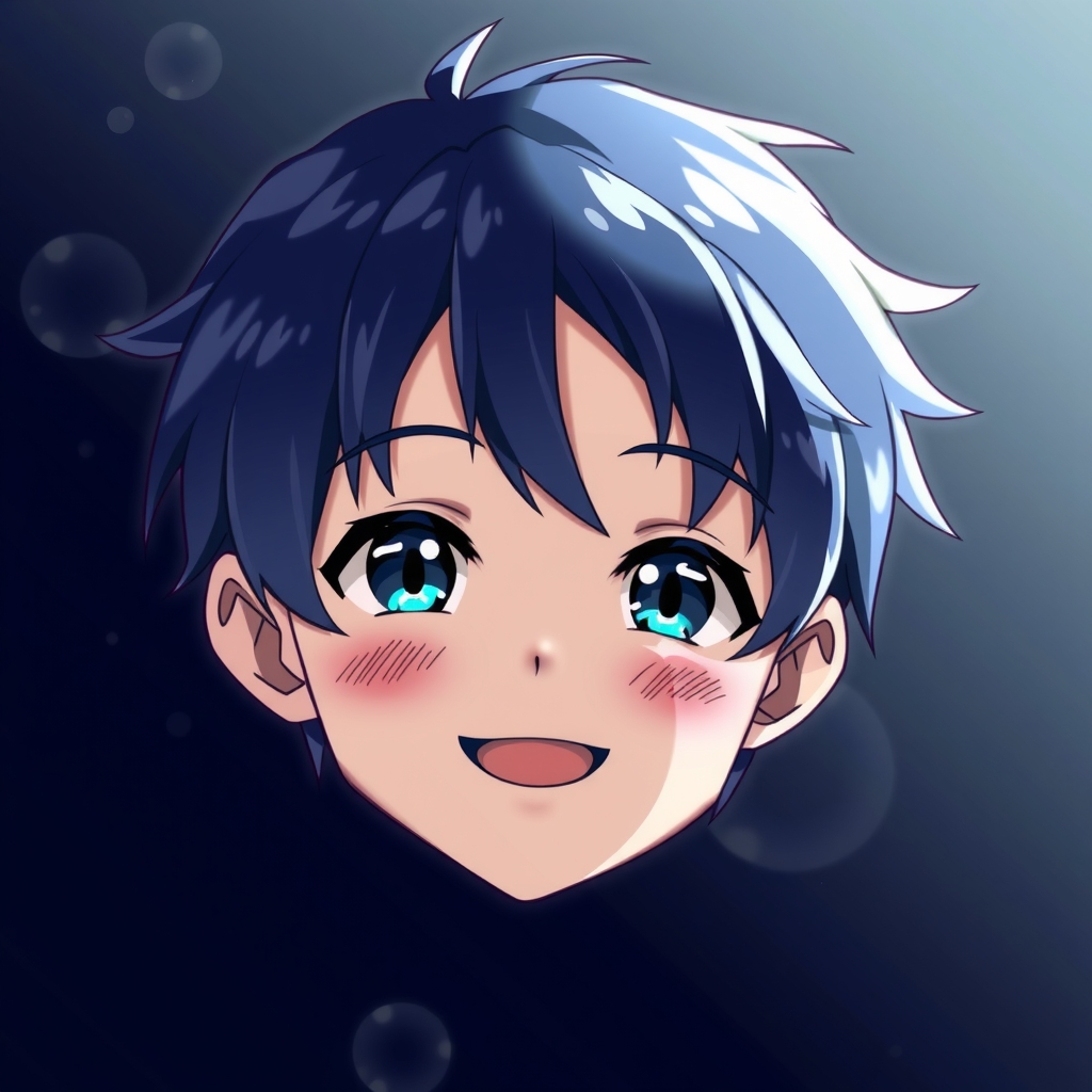 anime boy blue night hair smiling blue eyes by मुफ्त एआई छवि जनरेटर - बिना लॉगिन के✨ | AIGAZOU