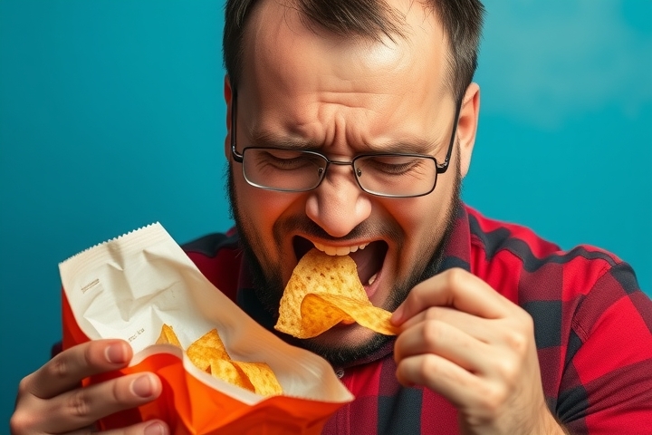 a man eating chips crying because they are spicy by मुफ्त एआई छवि जनरेटर - बिना लॉगिन के✨ | AIGAZOU