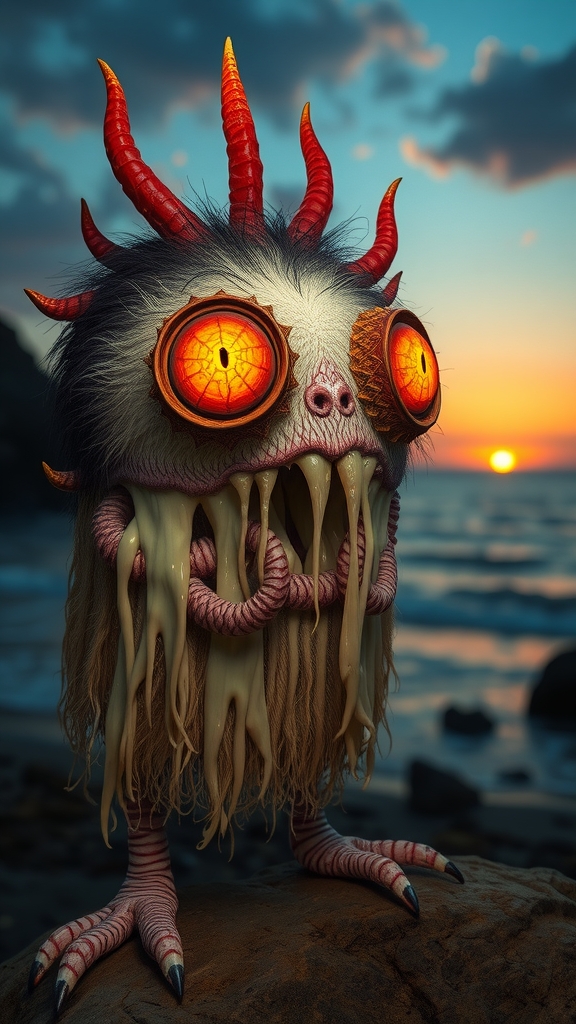 a furry cake with fang teeth slimy tentacles and psychedelic faceted eyes stands at sunset by the sea by 免费AI图像生成工具 | AIGAZOU