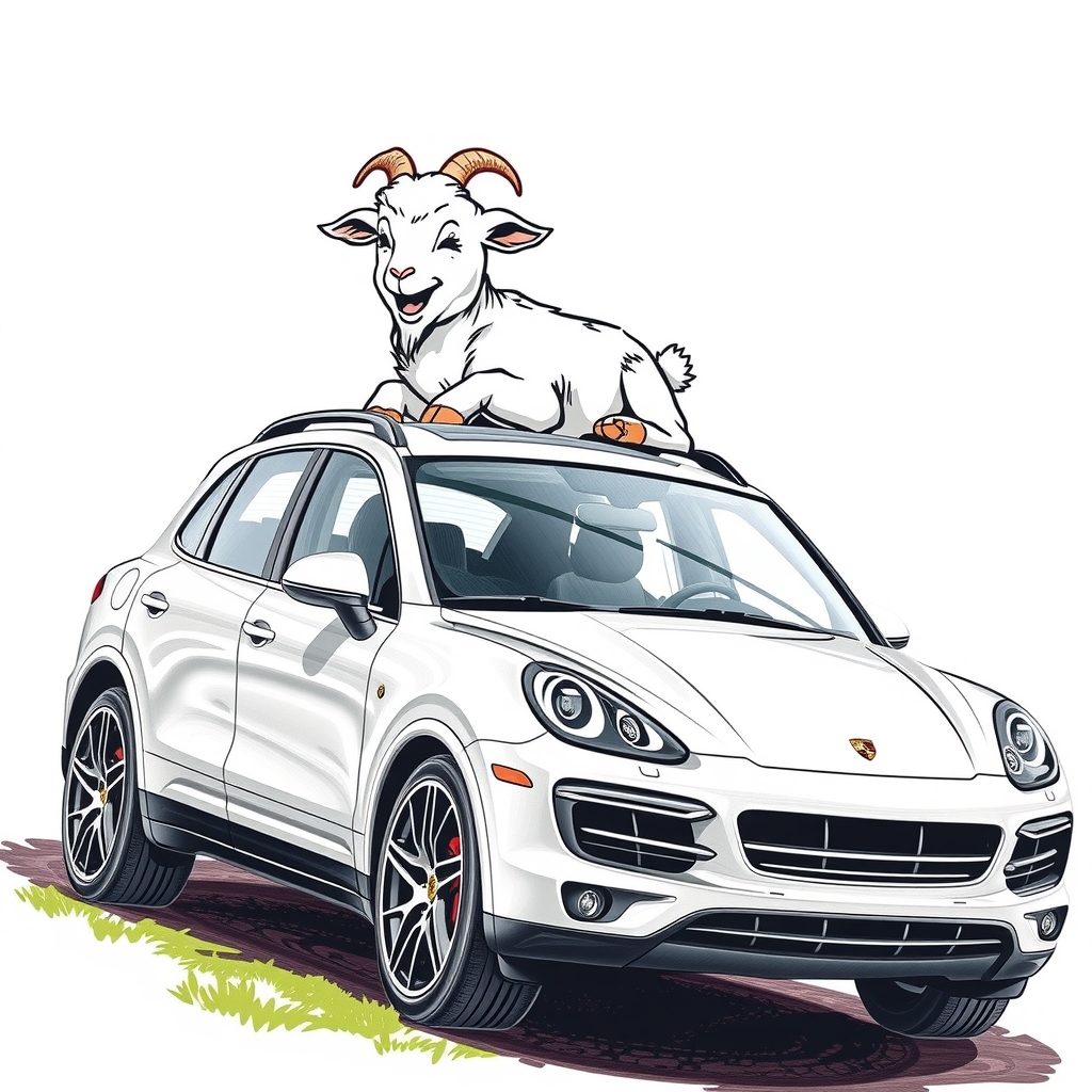 a laughing baby goat on a porsche cayenne roof by मुफ्त एआई छवि जनरेटर - बिना लॉगिन के✨ | AIGAZOU