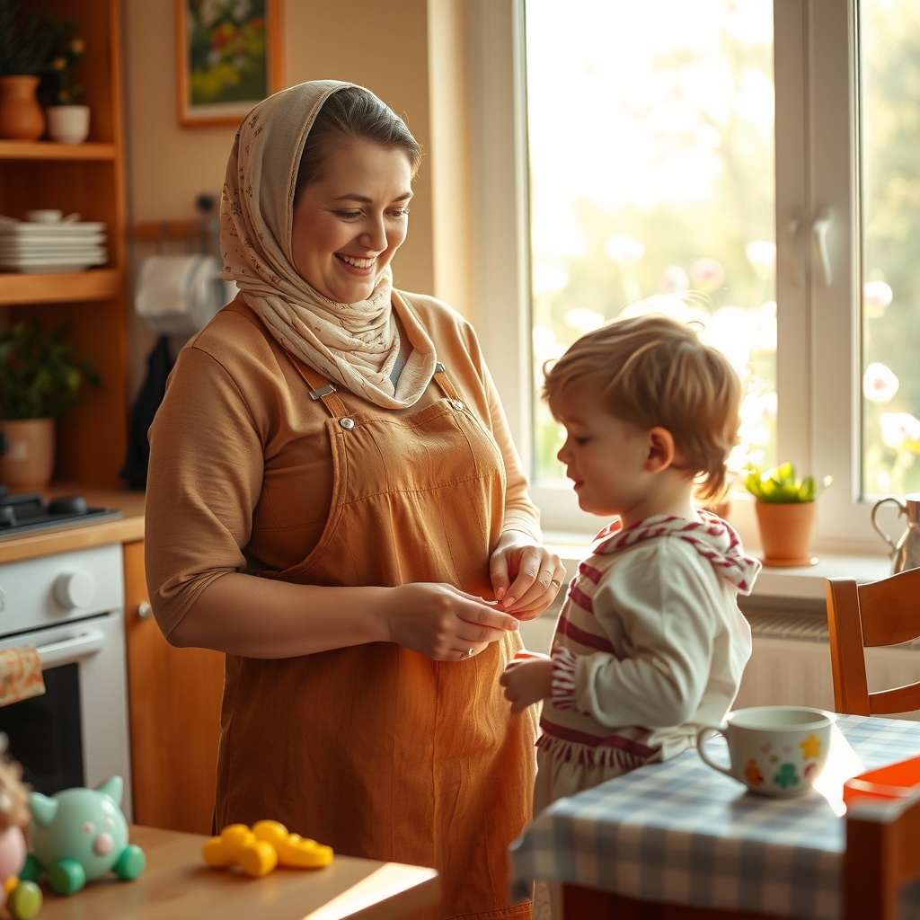 a loving mother in a warm kitchen with her child by मुफ्त एआई छवि जनरेटर - बिना लॉगिन के✨ | AIGAZOU