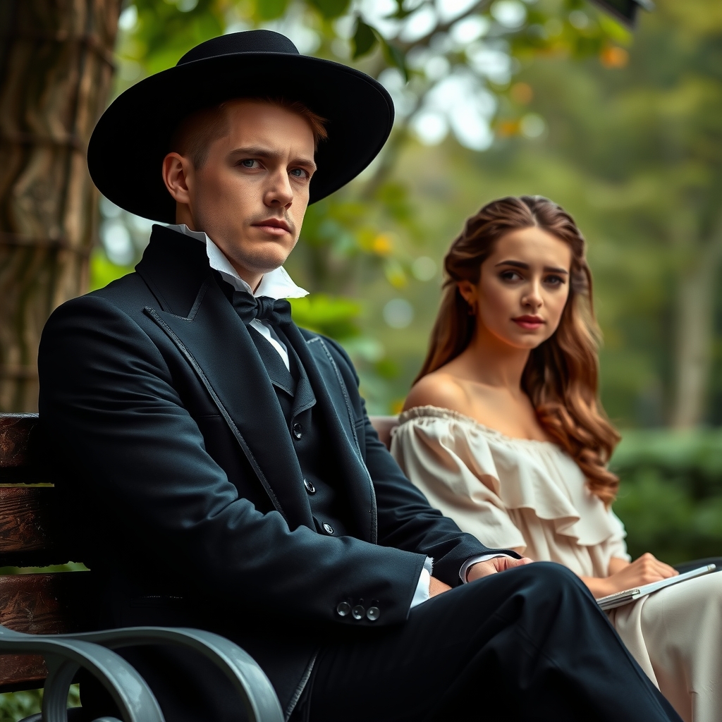 a stylish handsome young man with a round face white skin and a black tailcoat wearing a broad brimmed hat by मुफ्त एआई छवि जनरेटर - बिना लॉगिन के✨ | AIGAZOU