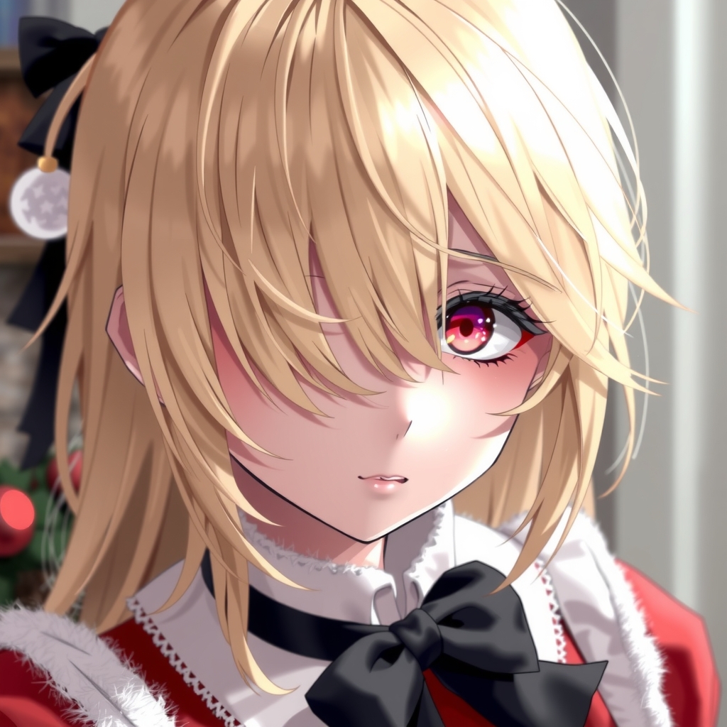 a blonde girl with one eye hidden by hair wearing christmas outfit with black ribbon by मुफ्त एआई छवि जनरेटर - बिना लॉगिन के✨ | AIGAZOU