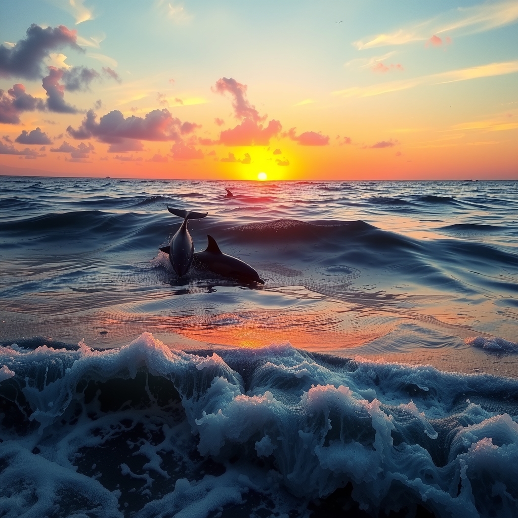 sunset realistic waves and dolphins by मुफ्त एआई छवि जनरेटर - बिना लॉगिन के✨ | AIGAZOU