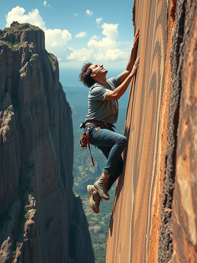 passionate male climber on cliffs looking up by मुफ्त एआई छवि जनरेटर - बिना लॉगिन के✨ | AIGAZOU