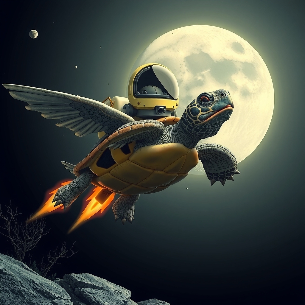 a large flying turtle with an astronaut helmet and rocket propulsion to the hollow moon by मुफ्त एआई छवि जनरेटर - बिना लॉगिन के✨ | AIGAZOU