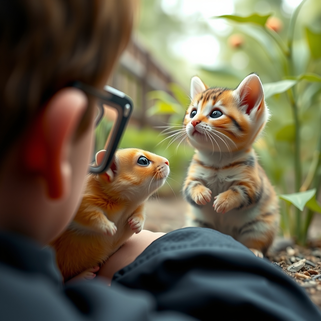 a hamster looking up at a kitten by मुफ्त एआई छवि जनरेटर - बिना लॉगिन के✨ | AIGAZOU