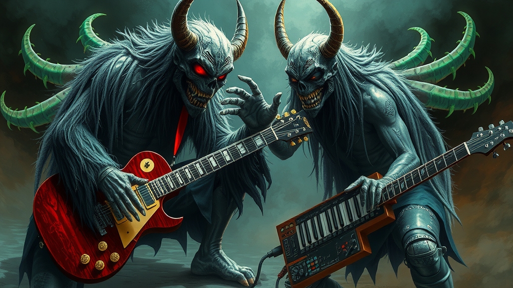 monsters of rock guitar yakuza vs keyboard geist by मुफ्त एआई छवि जनरेटर - बिना लॉगिन के✨ | AIGAZOU