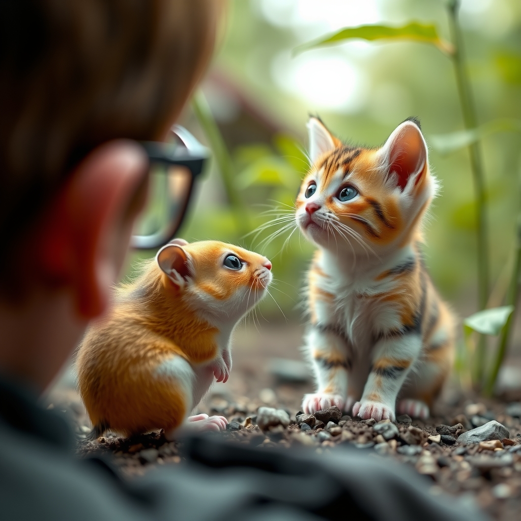 10cm hamster looking up at 25cm kitten by मुफ्त एआई छवि जनरेटर - बिना लॉगिन के✨ | AIGAZOU