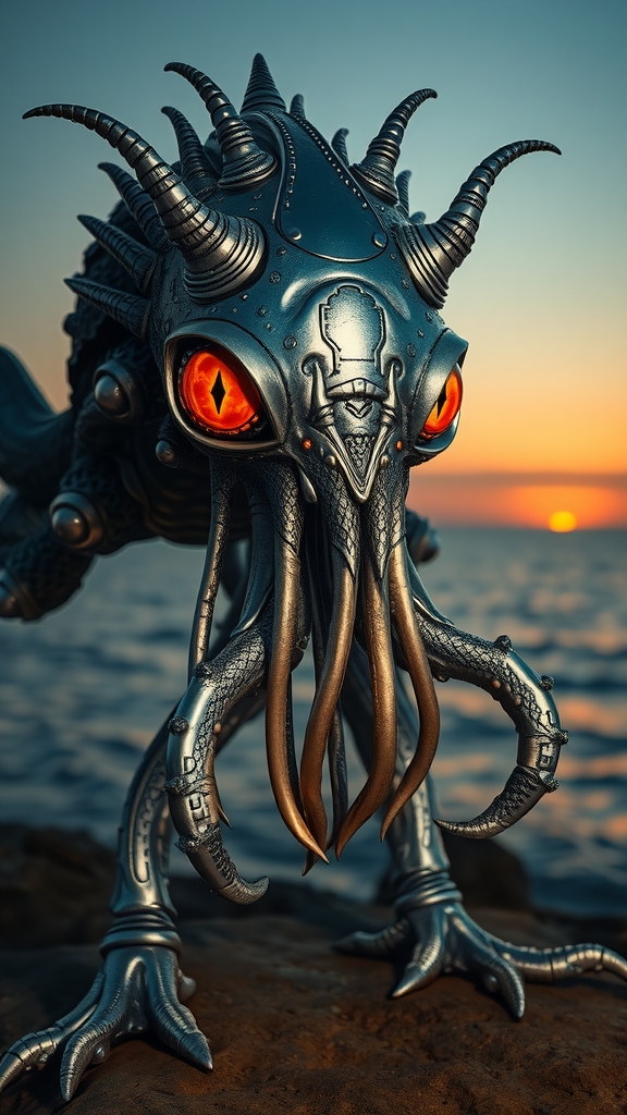 a silver monstrosity with fang teeth slimy tentacles and psychedelic faceted eyes stands at sunset by the sea by मुफ्त एआई छवि जनरेटर - बिना लॉगिन के✨ | AIGAZOU