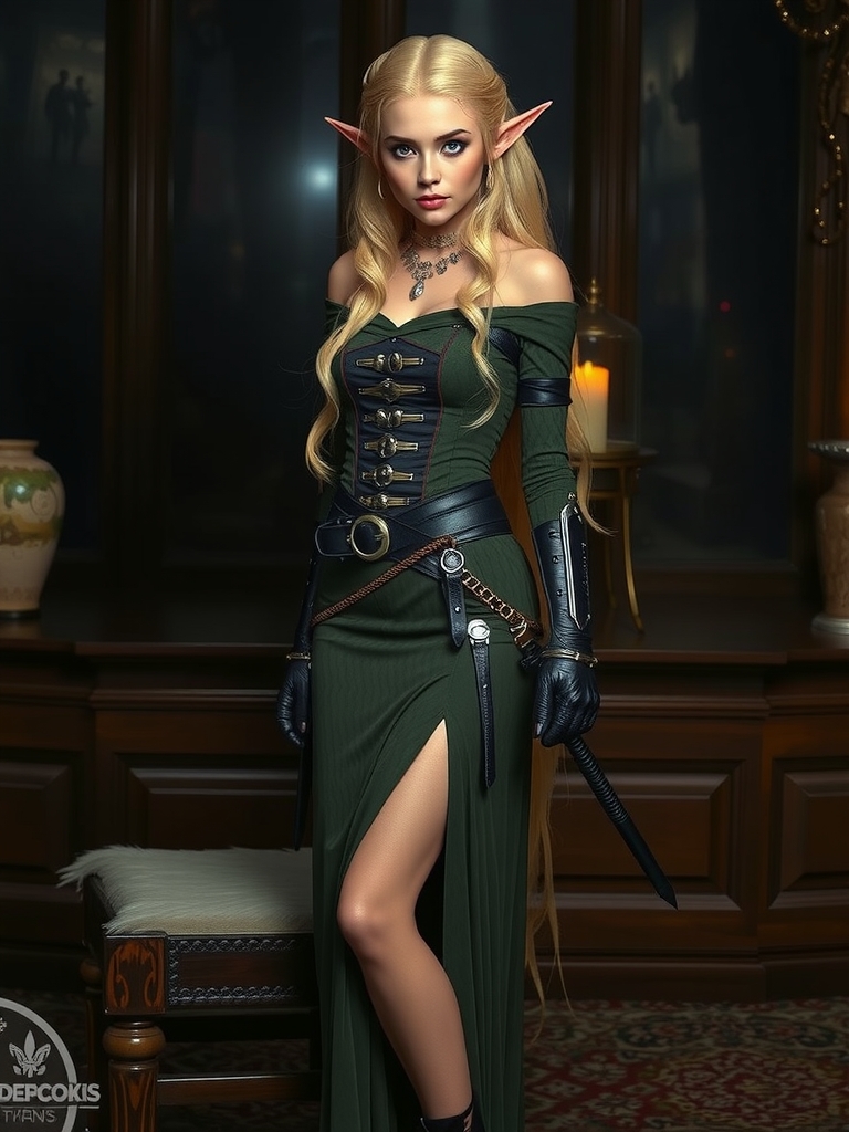 blonde elf evening dress dieselpunk by Générateur d'images par IA gratuit - Aucune connexion nécessaire✨ | AIGAZOU