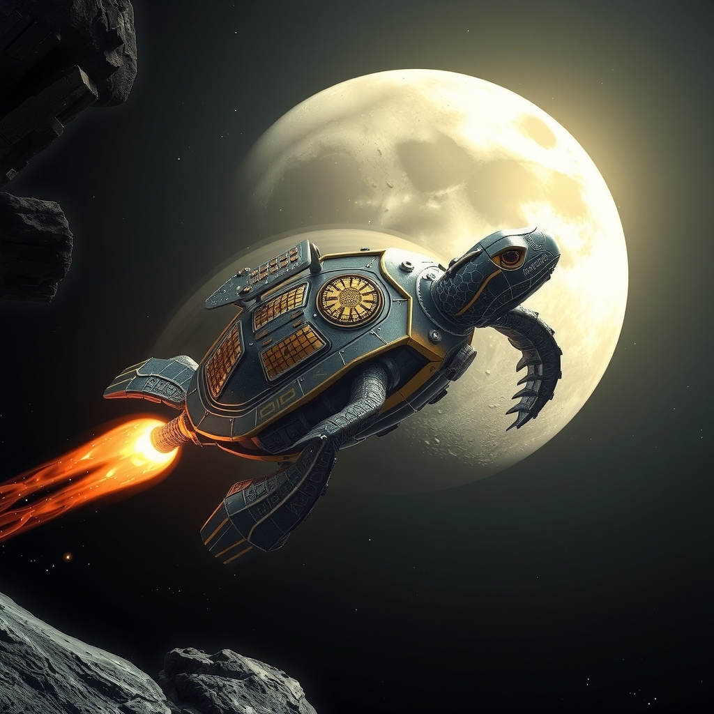 spaceship in shape of metallic turtle with rocket engine flies to hollow moon by मुफ्त एआई छवि जनरेटर - बिना लॉगिन के✨ | AIGAZOU