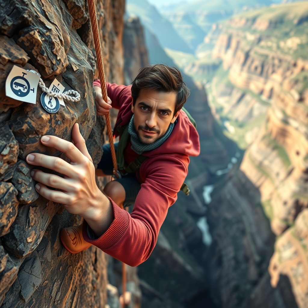 artist climbing cliff with visible face and hands by मुफ्त एआई छवि जनरेटर - बिना लॉगिन के✨ | AIGAZOU