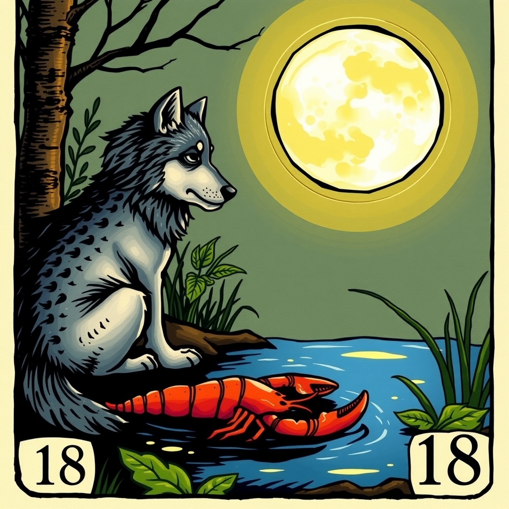 western tarot card 18 wolf and dog looking at the moon with crab in puddle by मुफ्त एआई छवि जनरेटर - बिना लॉगिन के✨ | AIGAZOU