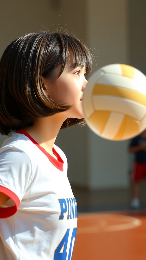 short height cute high school girl with bob haircut playing volleyball by मुफ्त एआई छवि जनरेटर - बिना लॉगिन के✨ | AIGAZOU