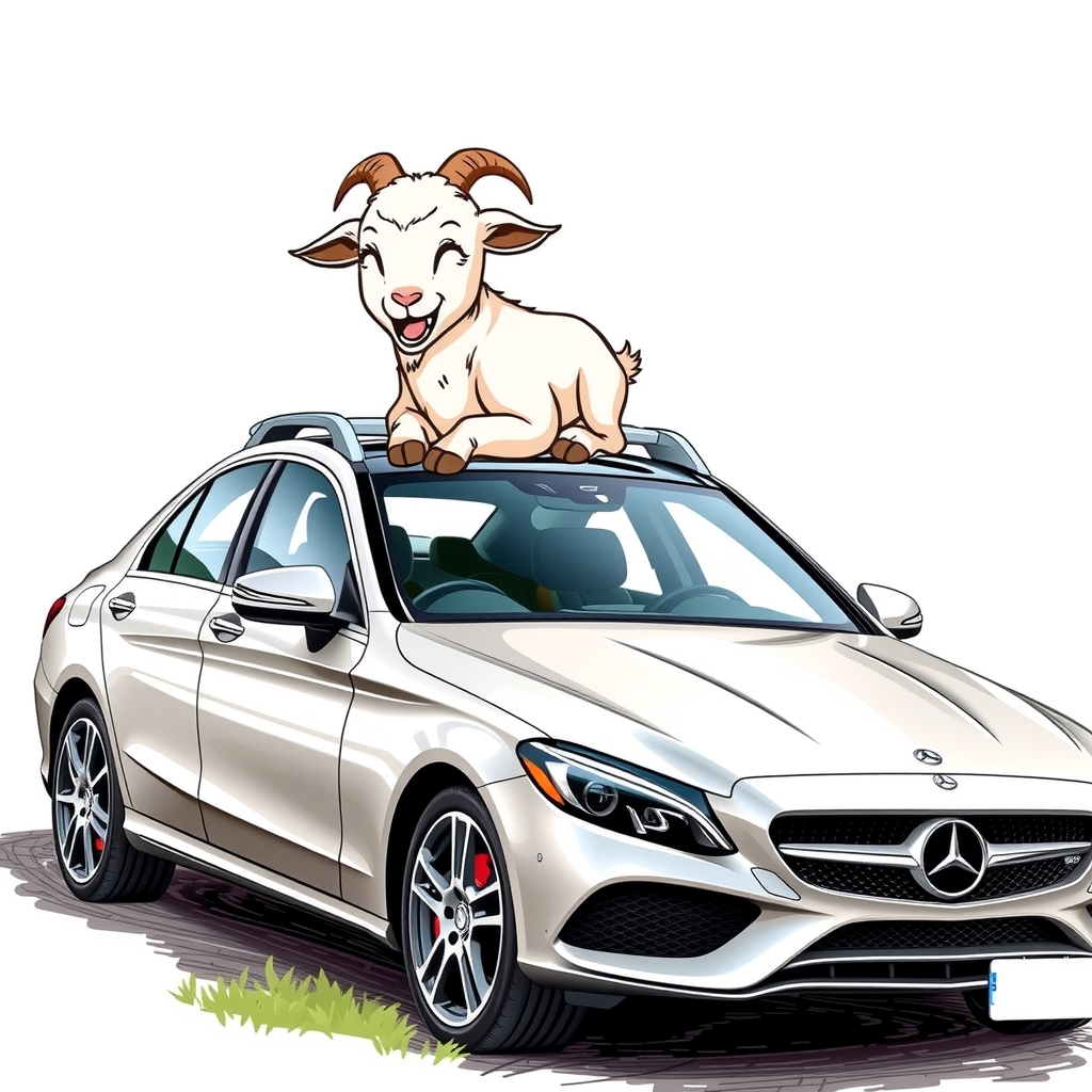 a laughing baby goat on a mercedes roof by मुफ्त एआई छवि जनरेटर - बिना लॉगिन के✨ | AIGAZOU