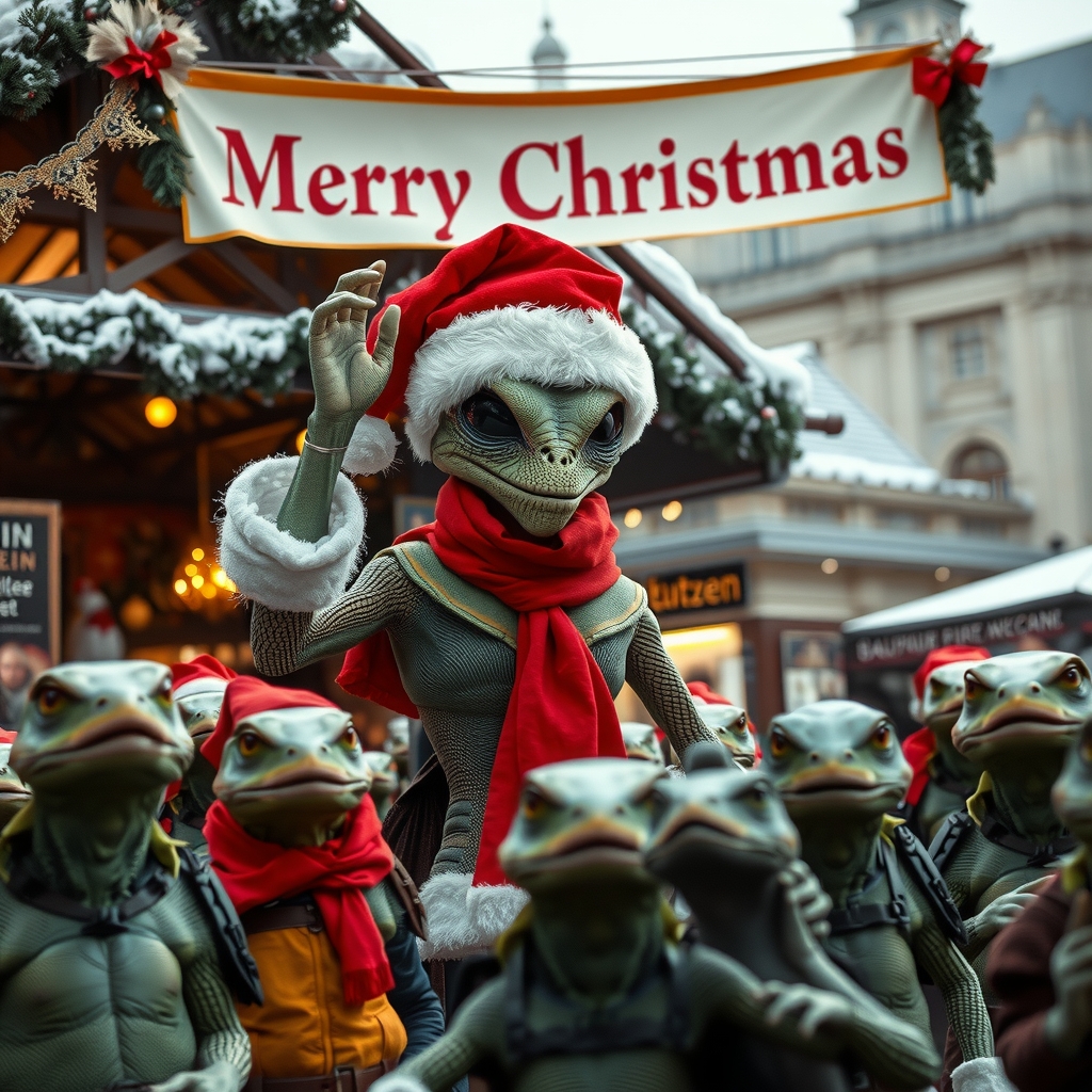 alien in santa hat on stage at christmas market by मुफ्त एआई छवि जनरेटर - बिना लॉगिन के✨ | AIGAZOU