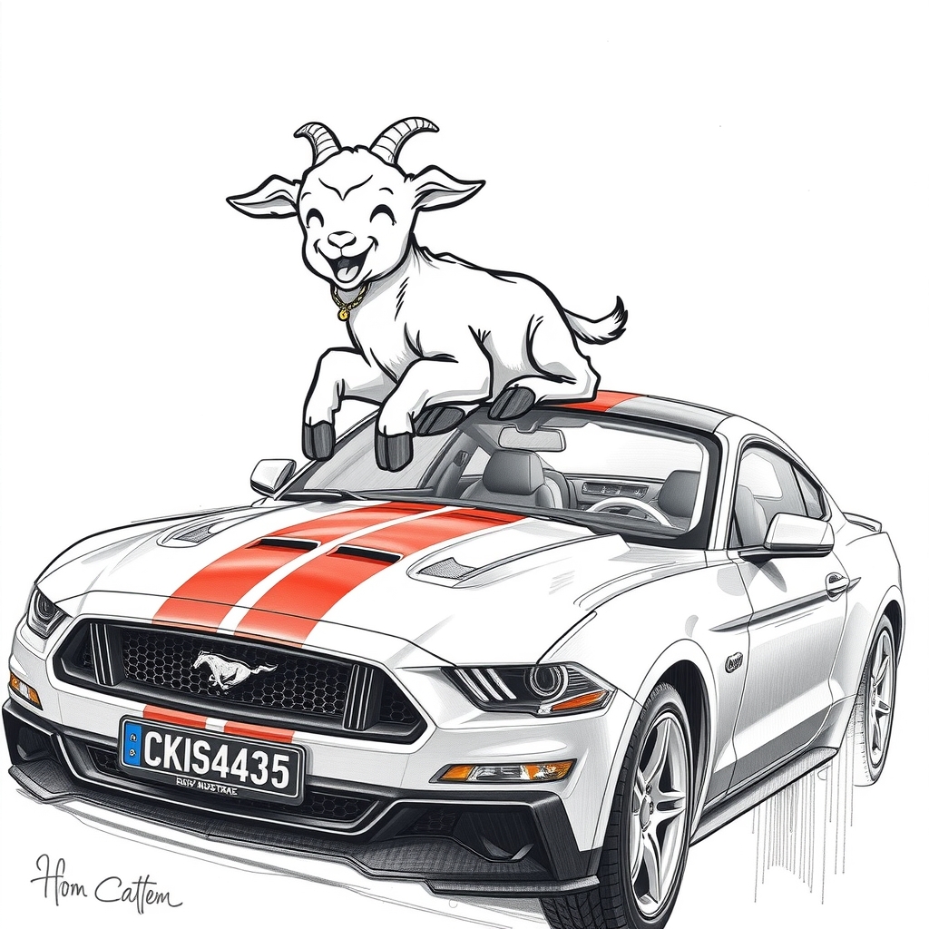 a laughing baby goat on a ford mustang roof by मुफ्त एआई छवि जनरेटर - बिना लॉगिन के✨ | AIGAZOU