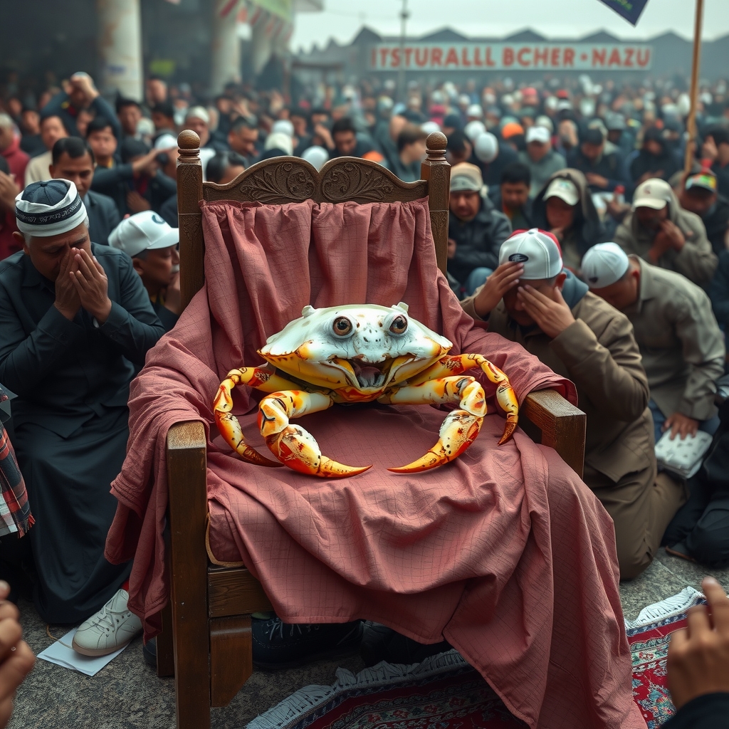 a solemn chair with crab and praying people by मुफ्त एआई छवि जनरेटर - बिना लॉगिन के✨ | AIGAZOU