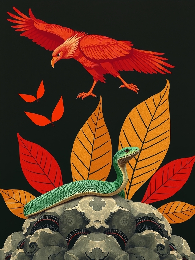 a green snake on a rock with a large red vulture in the background stylized leaves in red gold and by मुफ्त एआई छवि जनरेटर - बिना लॉगिन के✨ | AIGAZOU