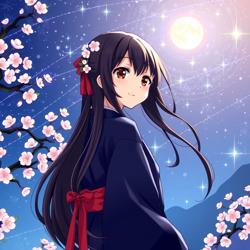 anime style starry night paradise beautiful cherry blossom girl long black hair traditional japanese blue outfit by मुफ्त एआई छवि जनरेटर - बिना लॉगिन के✨ | AIGAZOU