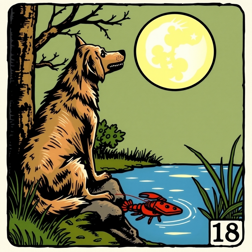 western tarot card 18 dog and wolf looking at the moon with a lobster in a puddle by मुफ्त एआई छवि जनरेटर - बिना लॉगिन के✨ | AIGAZOU