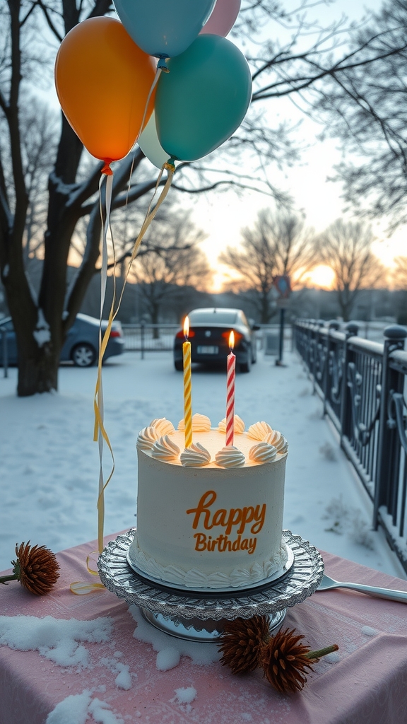 birthday winter morning cake balloons by मुफ्त एआई छवि जनरेटर - बिना लॉगिन के✨ | AIGAZOU