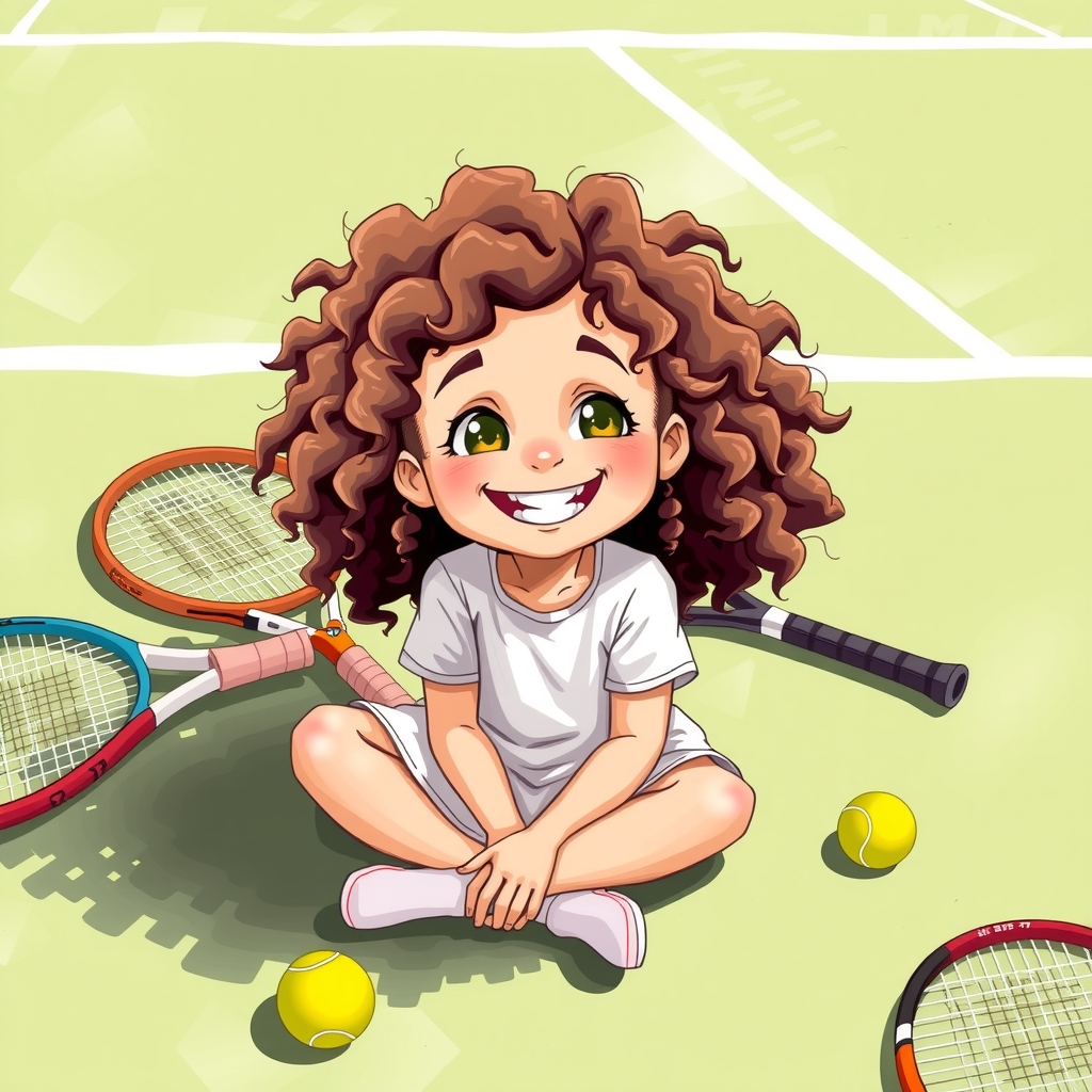 illustration of a girl with long curly hair smiling sitting on the wimbledon tennis court surrounded by rackets and balls by मुफ्त एआई छवि जनरेटर - बिना लॉगिन के✨ | AIGAZOU