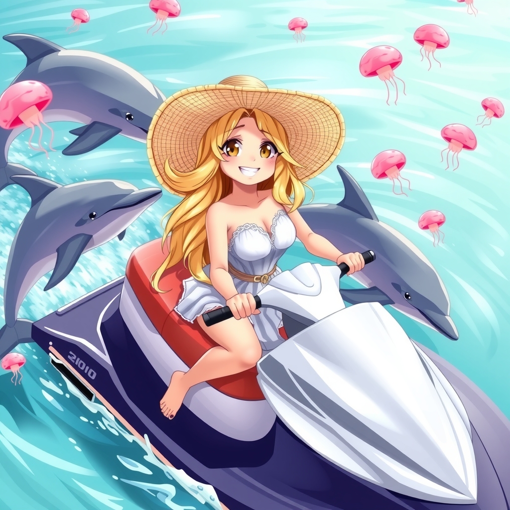 happy blonde girl on jet ski with dolphins by मुफ्त एआई छवि जनरेटर - बिना लॉगिन के✨ | AIGAZOU