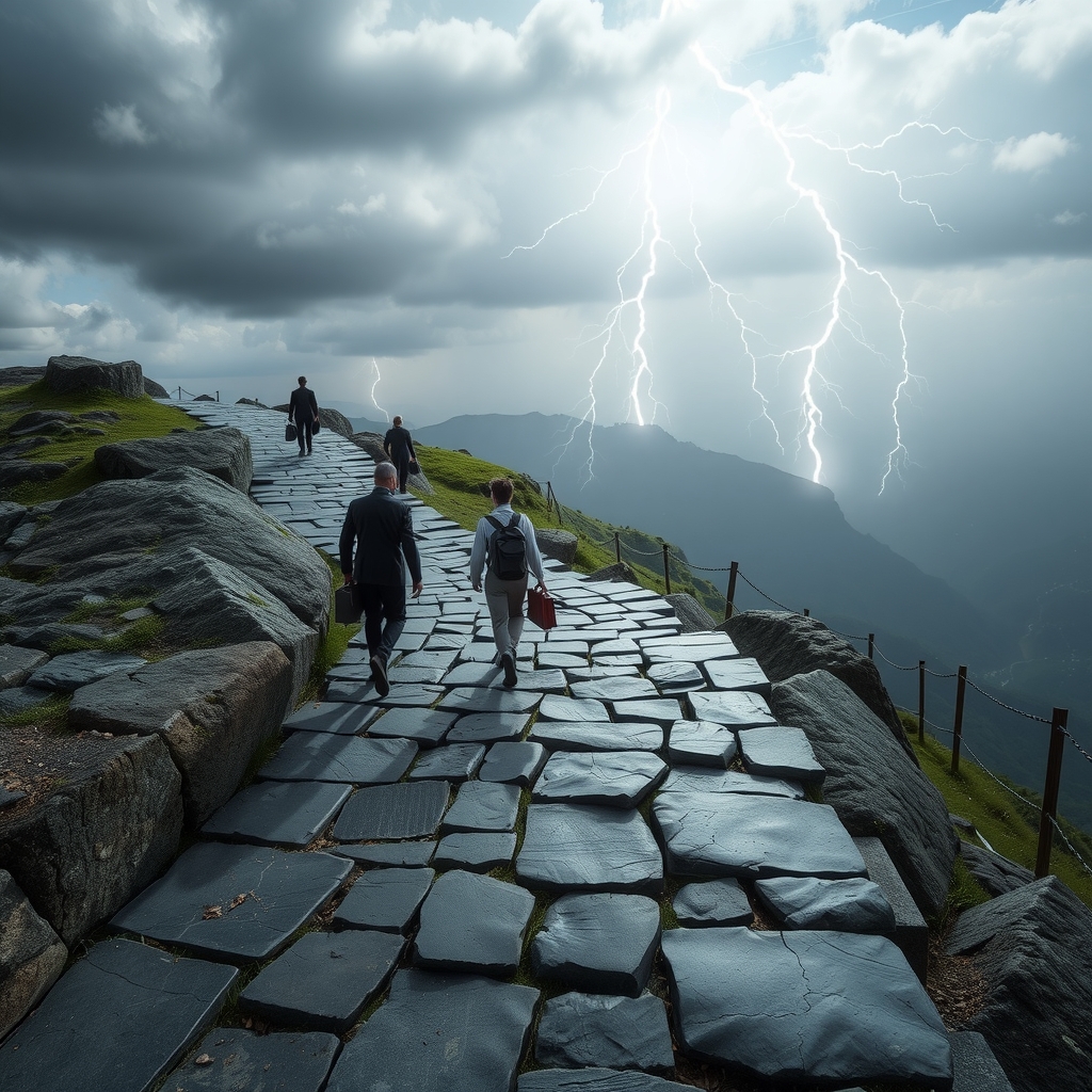 office workers with briefcases on stone path ahead lightning by मुफ्त एआई छवि जनरेटर - बिना लॉगिन के✨ | AIGAZOU