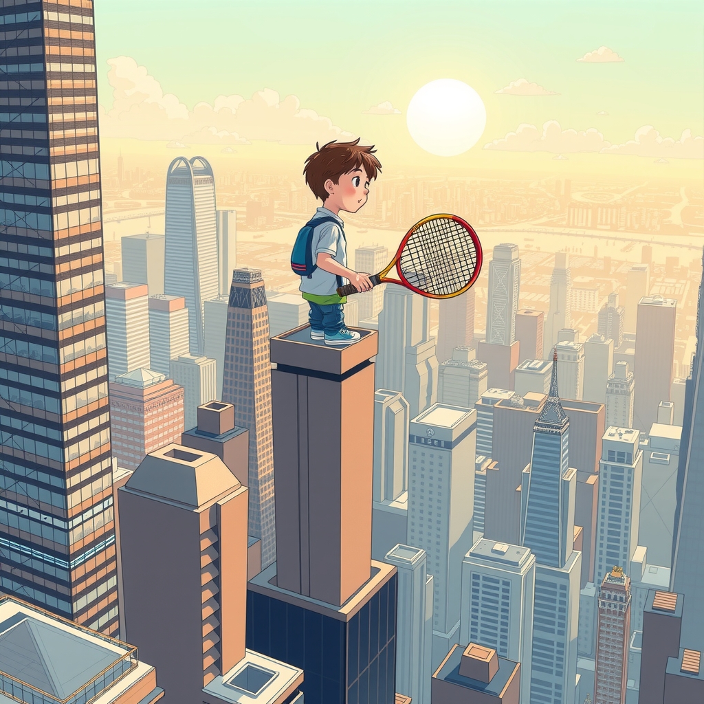 illustration of a tall boy on top of a skyscraper with a tennis racket in the middle of a big by मुफ्त एआई छवि जनरेटर - बिना लॉगिन के✨ | AIGAZOU