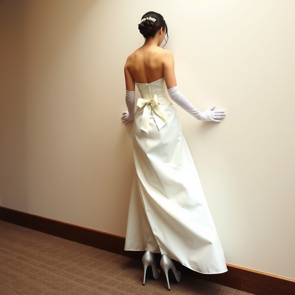 japanese bride in wedding dress with long gloves white stockings and high heels facing a wall leaning forward with both by मुफ्त एआई छवि जनरेटर - बिना लॉगिन के✨ | AIGAZOU