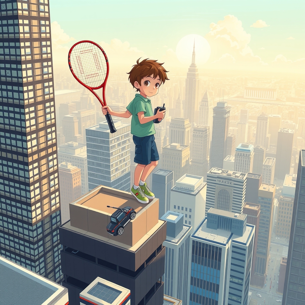 illustration tall boy skyscraper tennis racket remote control car city by मुफ्त एआई छवि जनरेटर - बिना लॉगिन के✨ | AIGAZOU