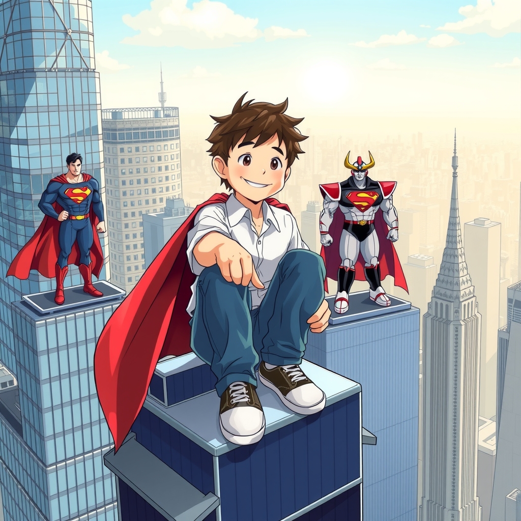 illustration tall smiling boy blue jeans white shirt sitting skyscraper superman mazingerz by मुफ्त एआई छवि जनरेटर - बिना लॉगिन के✨ | AIGAZOU