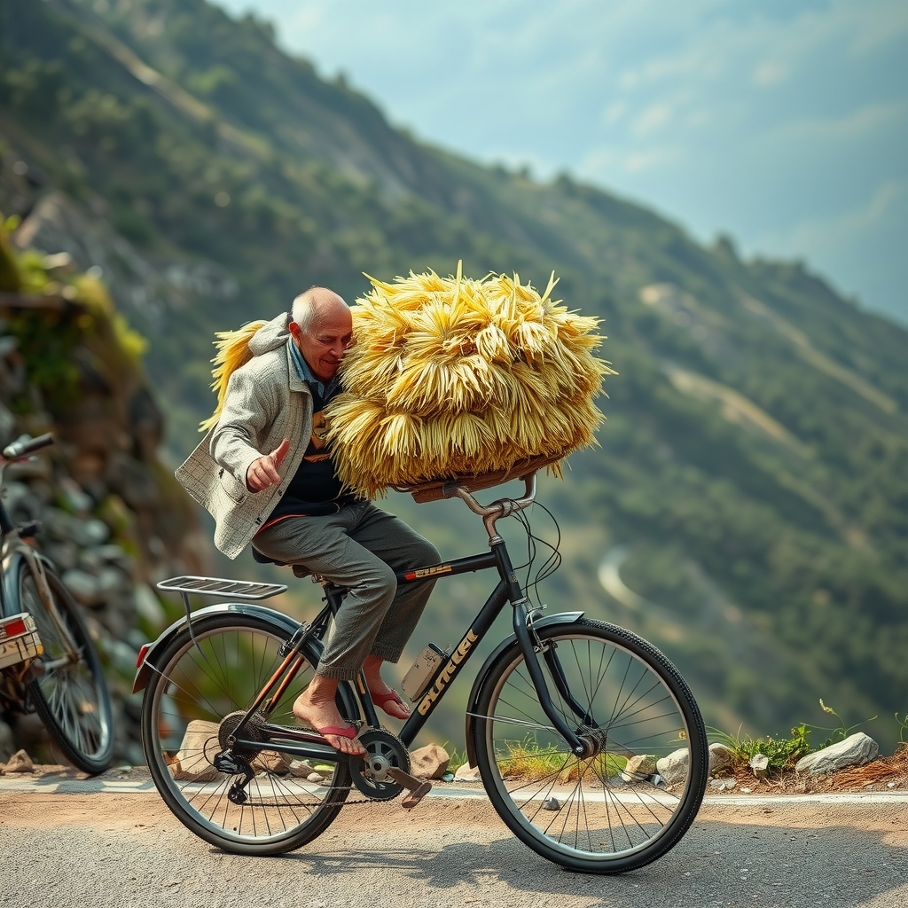 an old father riding a bike on a mountain slope carrying a lot of rice by मुफ्त एआई छवि जनरेटर - बिना लॉगिन के✨ | AIGAZOU