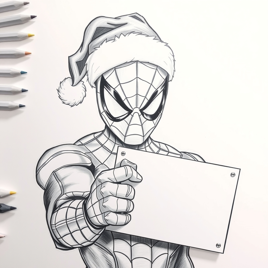 spiderman with christmas hat holding a board by मुफ्त एआई छवि जनरेटर - बिना लॉगिन के✨ | AIGAZOU