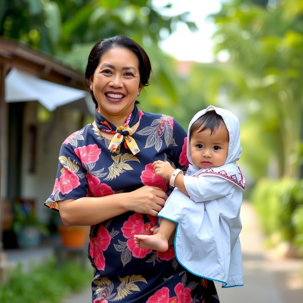 a woman wearing a kebaya sash smiling walking carrying her child by मुफ्त एआई छवि जनरेटर - बिना लॉगिन के✨ | AIGAZOU