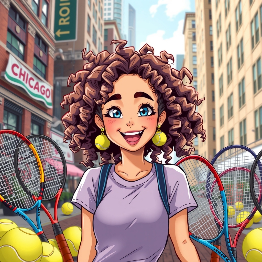 illustration of a curly haired girl smiling in chicago by मुफ्त एआई छवि जनरेटर - बिना लॉगिन के✨ | AIGAZOU