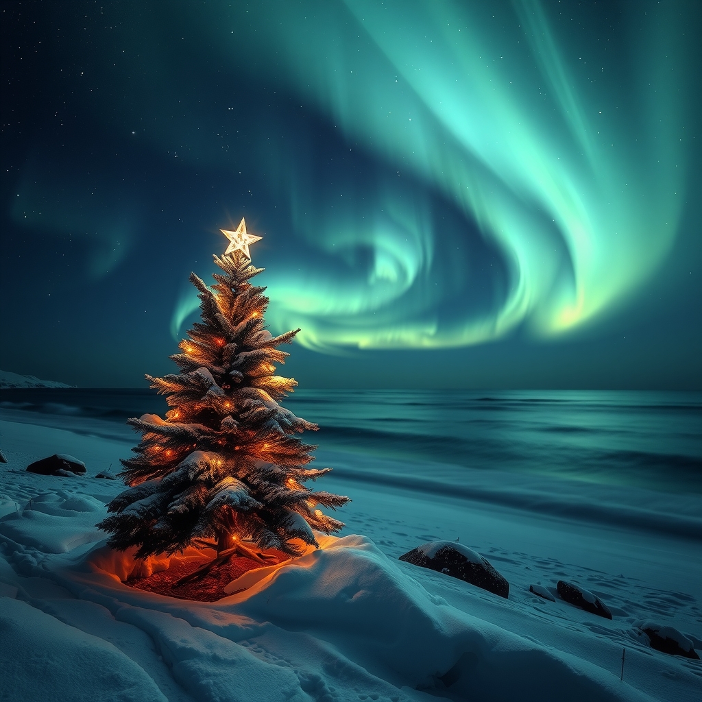 christmas night aurora sea snow by मुफ्त एआई छवि जनरेटर - बिना लॉगिन के✨ | AIGAZOU