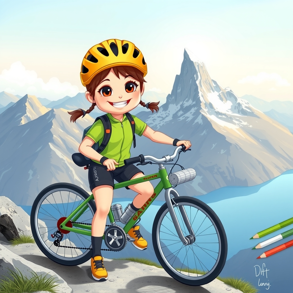 happy girl runner clothes green bike yellow helmet black gray socks sitting on mont blanc mountain with colored pencils and by Générateur d'images par IA gratuit - Aucune connexion nécessaire✨ | AIGAZOU