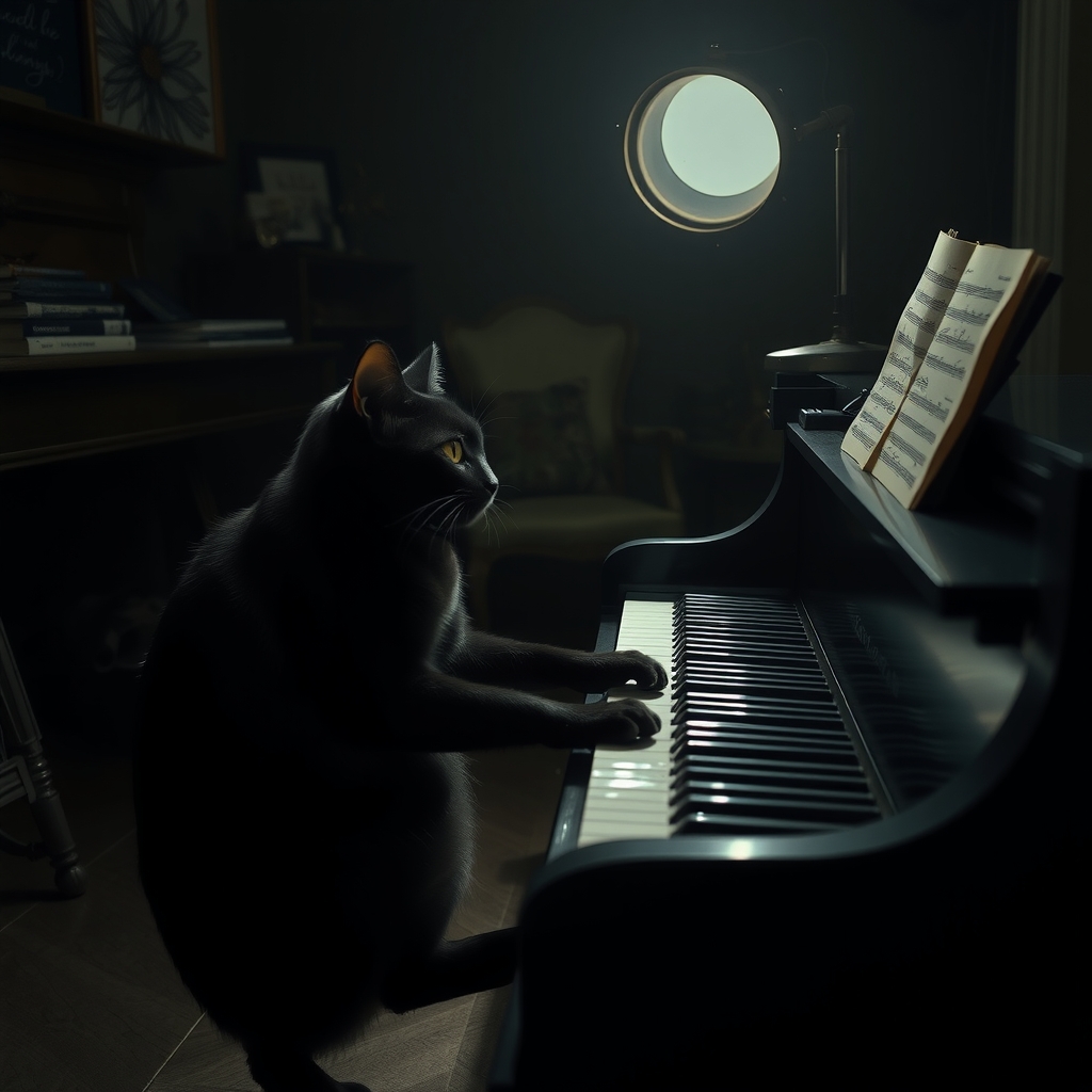 a black cat playing piano in a dark room by मुफ्त एआई छवि जनरेटर - बिना लॉगिन के✨ | AIGAZOU