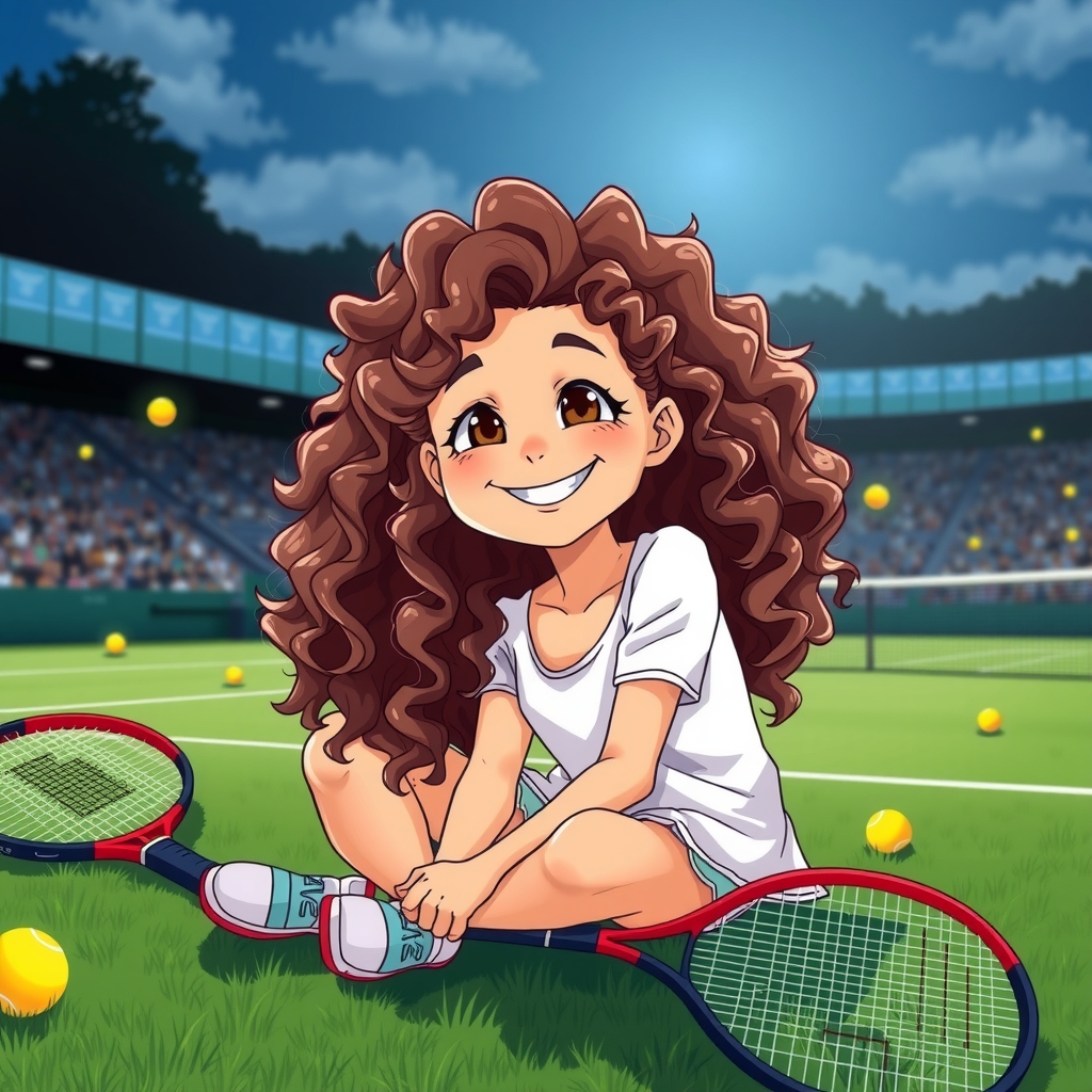 a smiling girl with curly long hair on wimbledon tennis court by मुफ्त एआई छवि जनरेटर - बिना लॉगिन के✨ | AIGAZOU