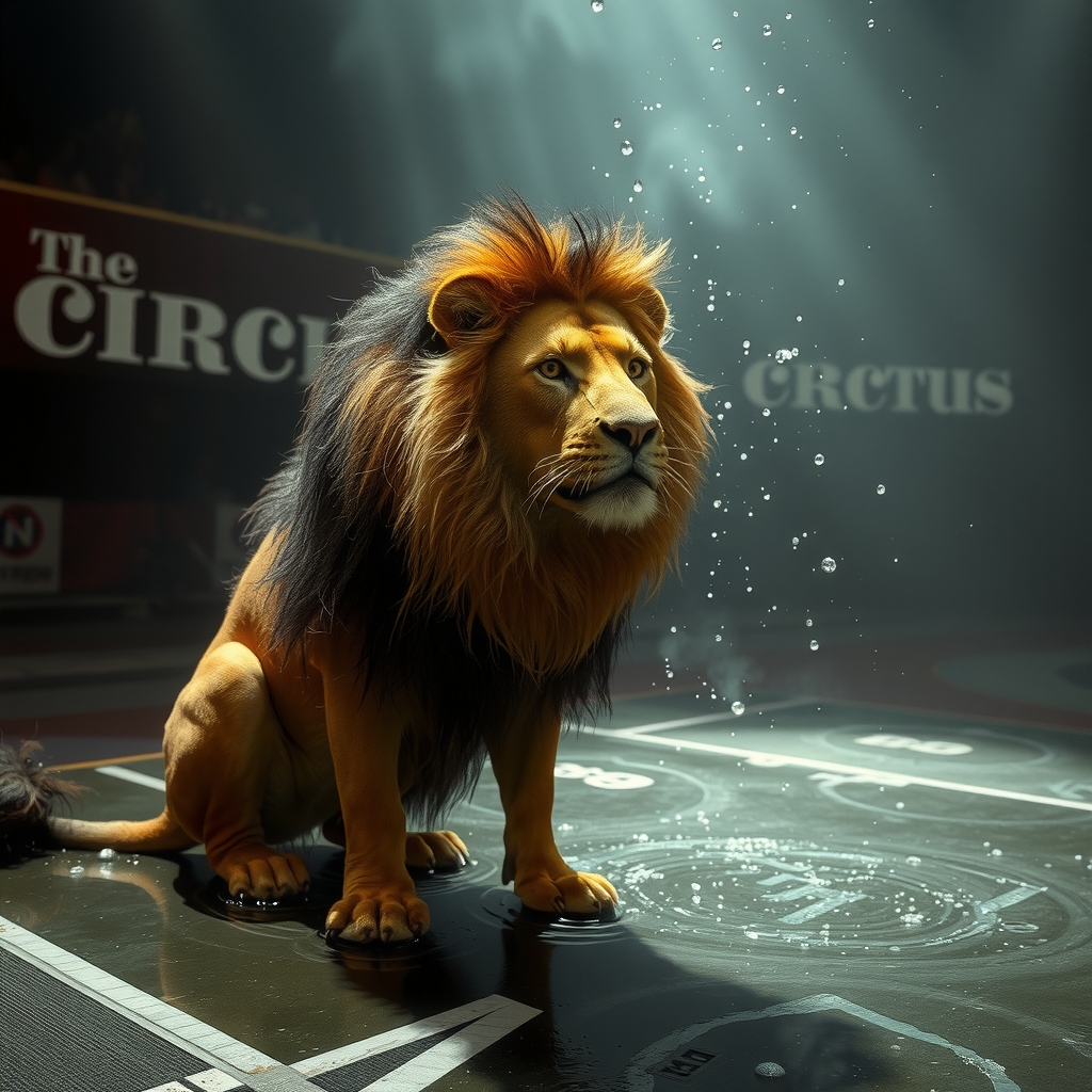 circus floor leaking water naked lion by मुफ्त एआई छवि जनरेटर - बिना लॉगिन के✨ | AIGAZOU