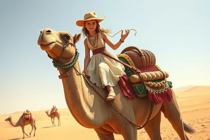 a cute girl riding a camel in the desert by मुफ्त एआई छवि जनरेटर - बिना लॉगिन के✨ | AIGAZOU