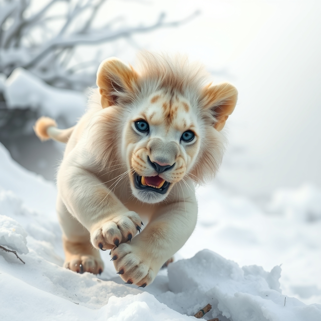 a cute white lion in the snow by मुफ्त एआई छवि जनरेटर - बिना लॉगिन के✨ | AIGAZOU