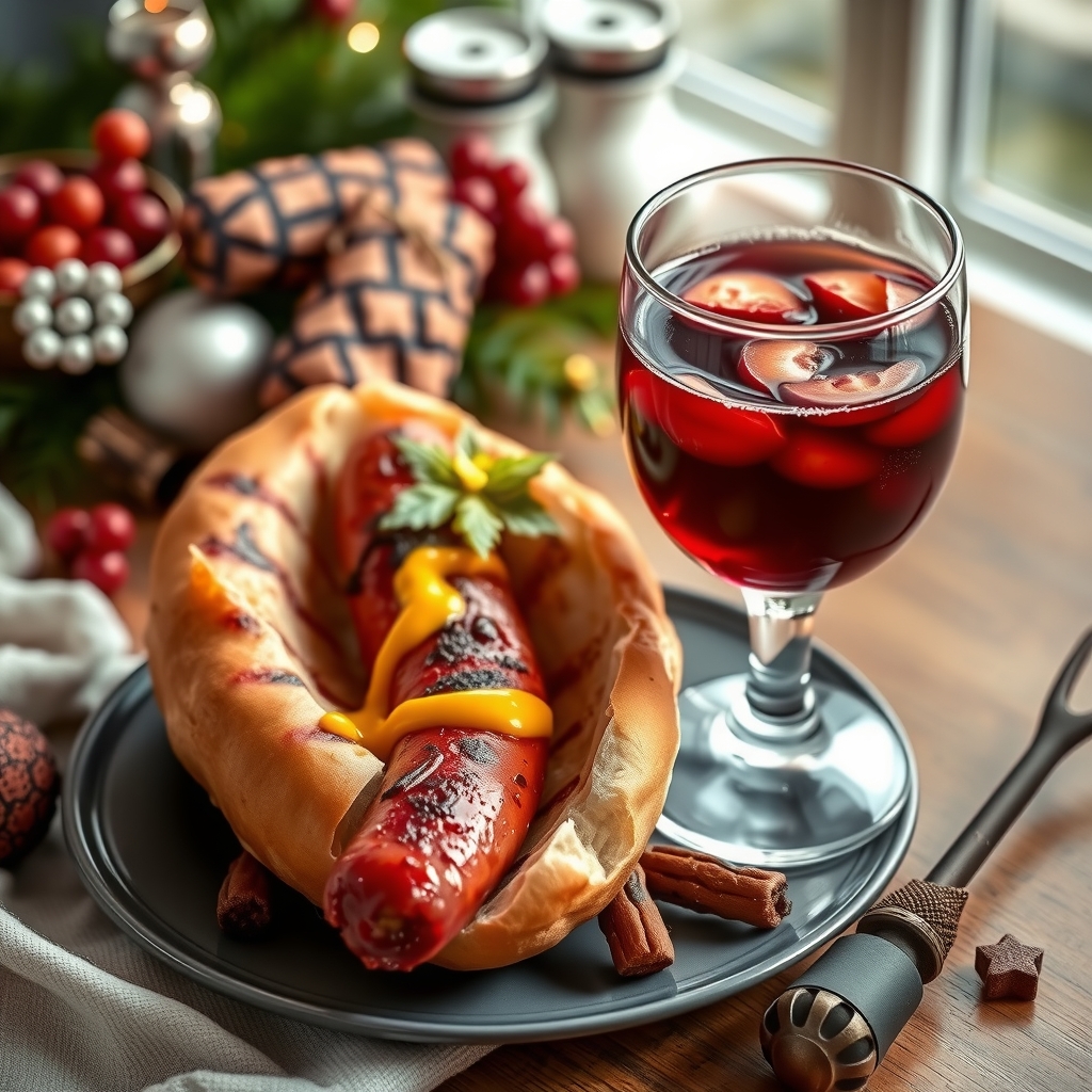 grilled red sausage in bread with mulled wine by Générateur d'images par IA gratuit - Aucune connexion nécessaire✨ | AIGAZOU