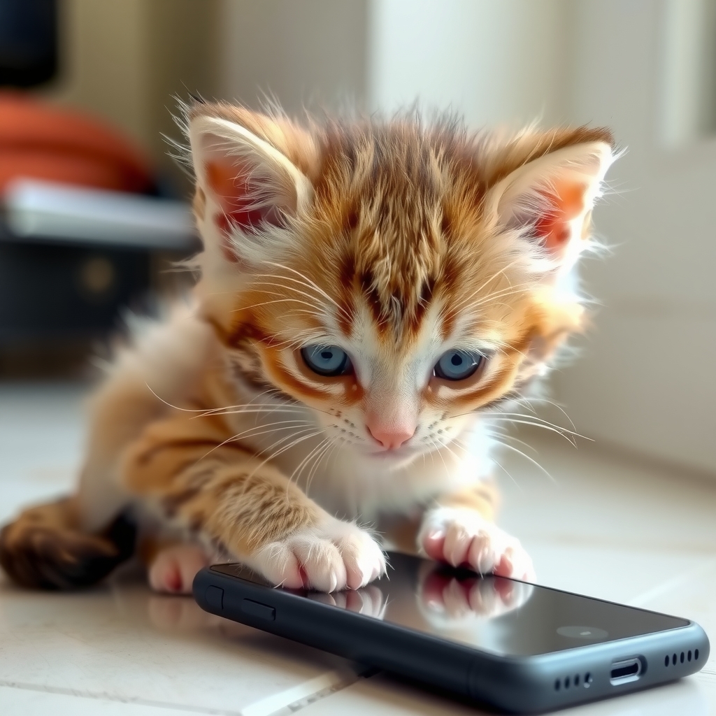 a cute kitten playing with a phone by मुफ्त एआई छवि जनरेटर - बिना लॉगिन के✨ | AIGAZOU