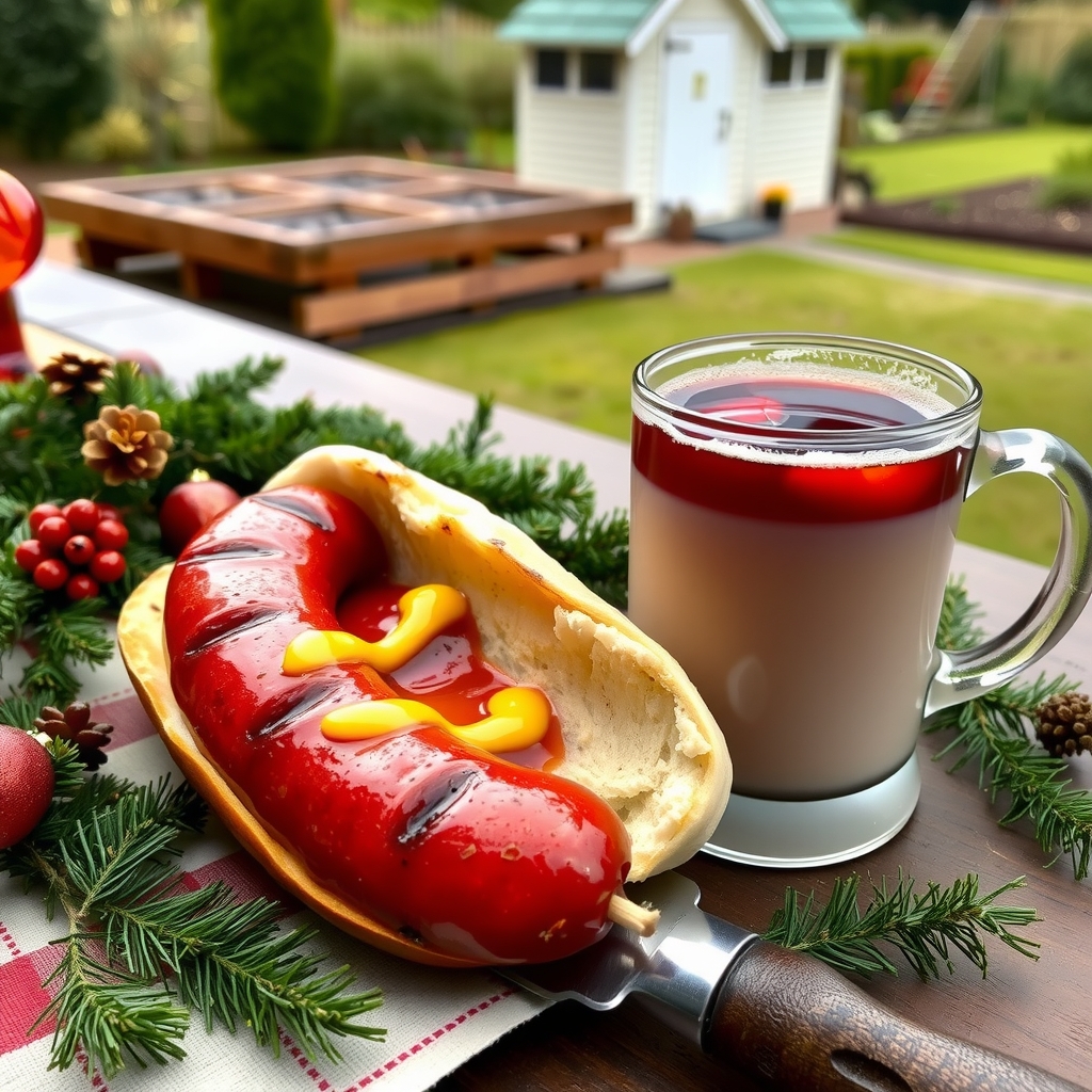 grilled red sausage in a bun with mulled wine by मुफ्त एआई छवि जनरेटर - बिना लॉगिन के✨ | AIGAZOU